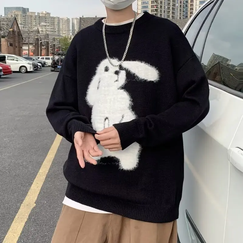 

YlSHioo Новинка Harajuku модные повседневные мужские пуловеры осень мужской вязаный джемпер свитер хип-хоп пушистый кролик Вышивка Уличная одежда