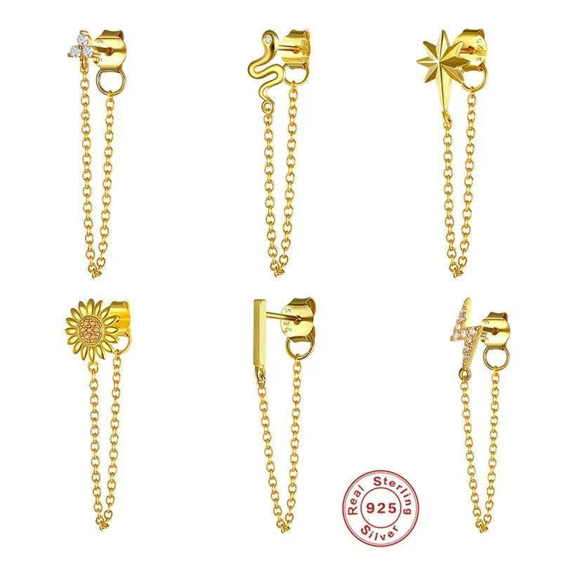 

Chain Studs Earrings 18K Gold Filled Sterling Silver Dainty Cubic Zirconia Snakes Lightning Sunflowers Charm Dangle Earrings