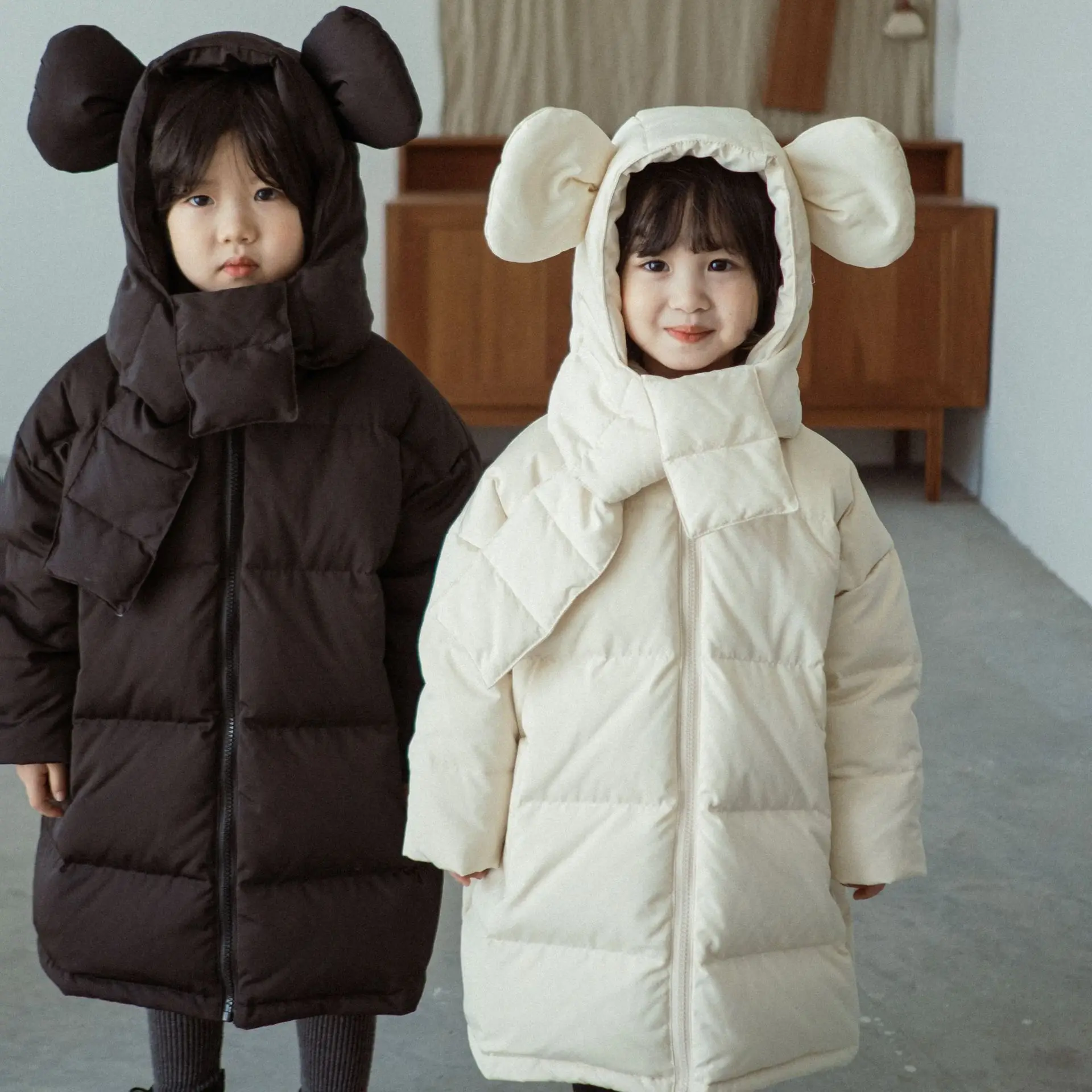 

Korean Winter Baby Girls Hooded Outerwear Mid Long Length 3D Bear Ears Cute Kid Girls Jacket White Duck Down Children Girls Coat