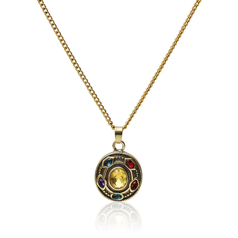 

Vintage Gold Color Thanos Infinite Stones Pendant Necklace Men Women Fashion Crystal Inlaid Chain Necklace Jewelry Accessory