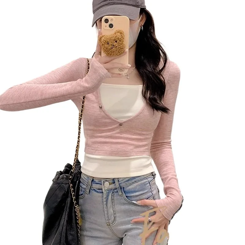 Однотонная милая и Пряная поддельная рубашка из двух частей с длинным рукавом