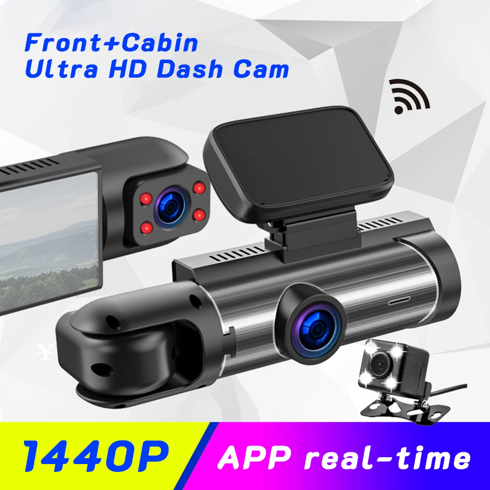 

1440P Car Dash Cam Dual Lens Front Rear/Cabin DVR Recorder 3.16" With WiFi Night Vision G-Sensor Loop Recording 24h Monitoring