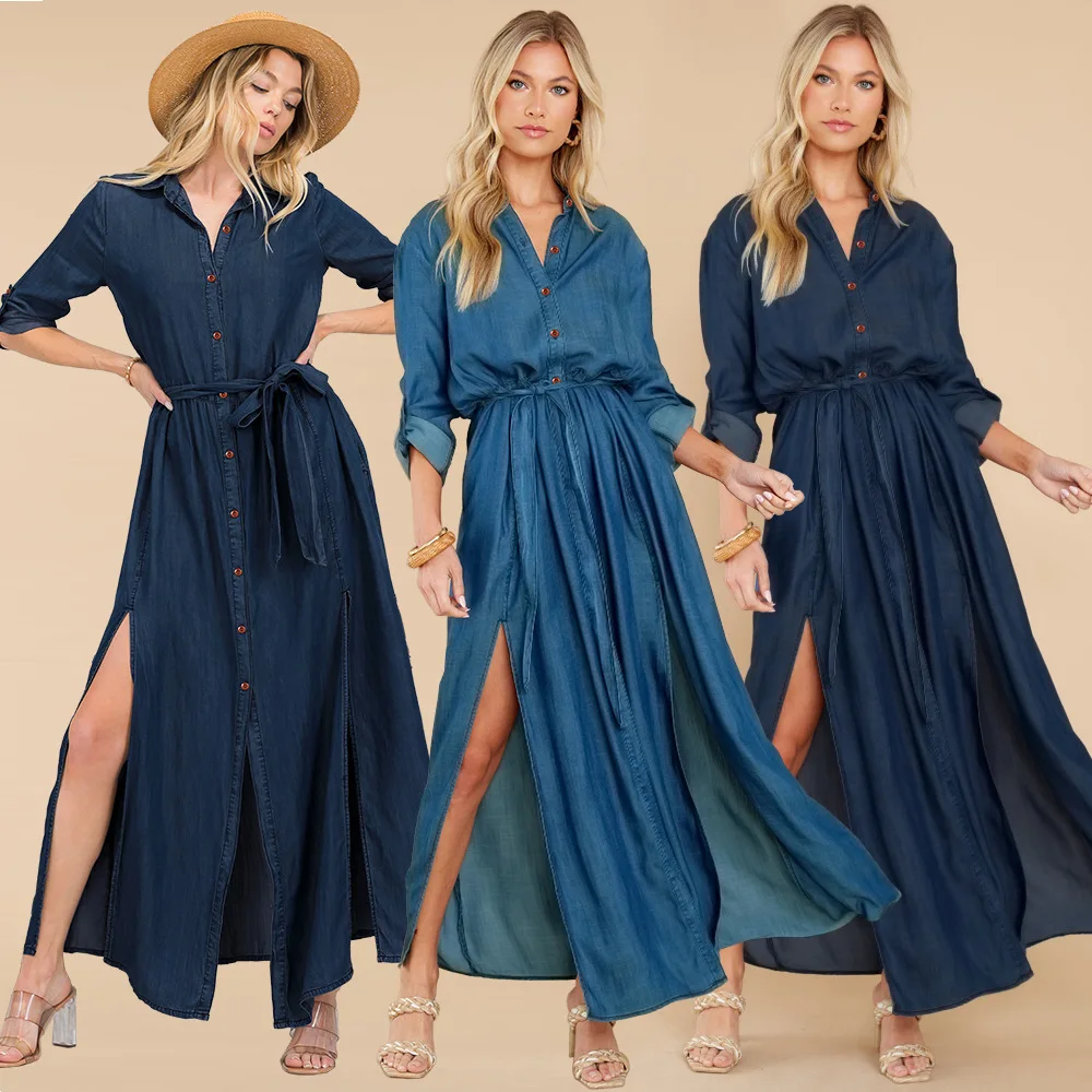 Купи Women Fashion Cowboy Shirt Dresses V-neck Long Sleeve Slim Waist Bangdage Casual Dress Split Ankle-length Pleated Dress Vestidos за 1,188 рублей в магазине AliExpress