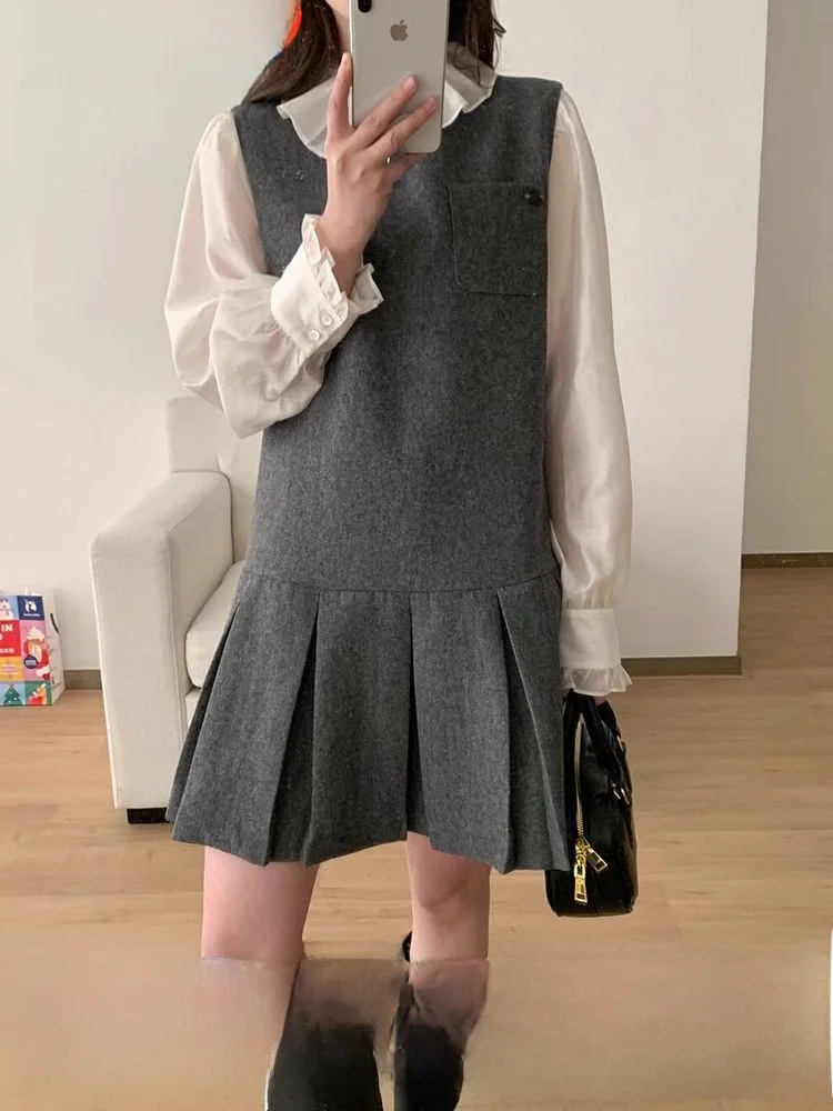 Серое платье без рукавов женское раннее осеннее дизайнерское в стиле ретро