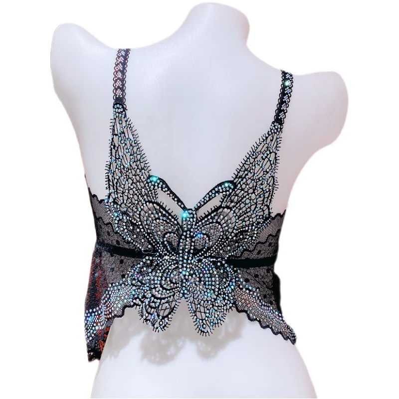 

buttfly back camisole women sexy hollow out lace camis women rhinestone lace top mujer backless cami top