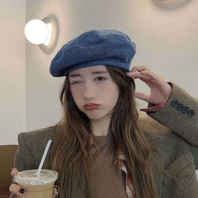 

Japanese Retro Beret Hats for Women Autumn and Winter British Fashion Versatile Denim Blue Painter Cap Literary Berets Gorras