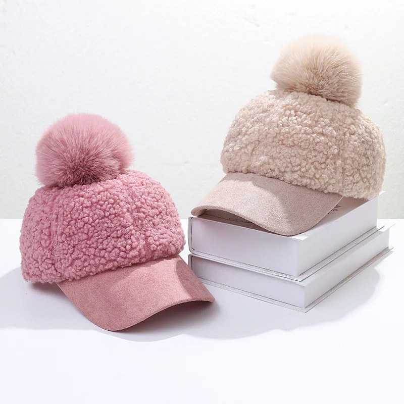 

Women Winter Faux Fleece Baseball Peak Cap Soft Warm Solid Color Cute Pompom Hip Hop Sunscreen Fashion Visor Brim Beanie Hat