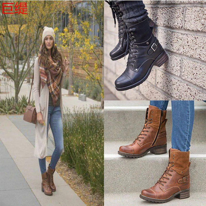 

Женские короткие ботинки размера плюс, Новинка лета 2022, стильные ботинки из искусственной кожи, Прошитые ботинки с толстой передней шнуровк...