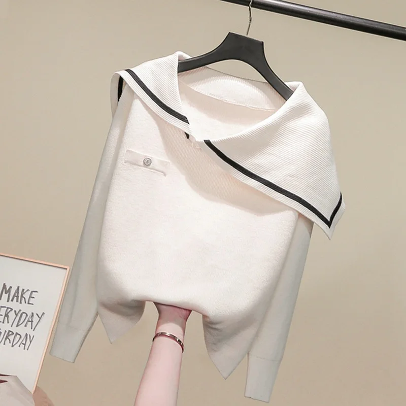 

Autumn and winter new contrast color navy large lapel sweater Irregular collar can be off-shoulder knitted sweater women's top