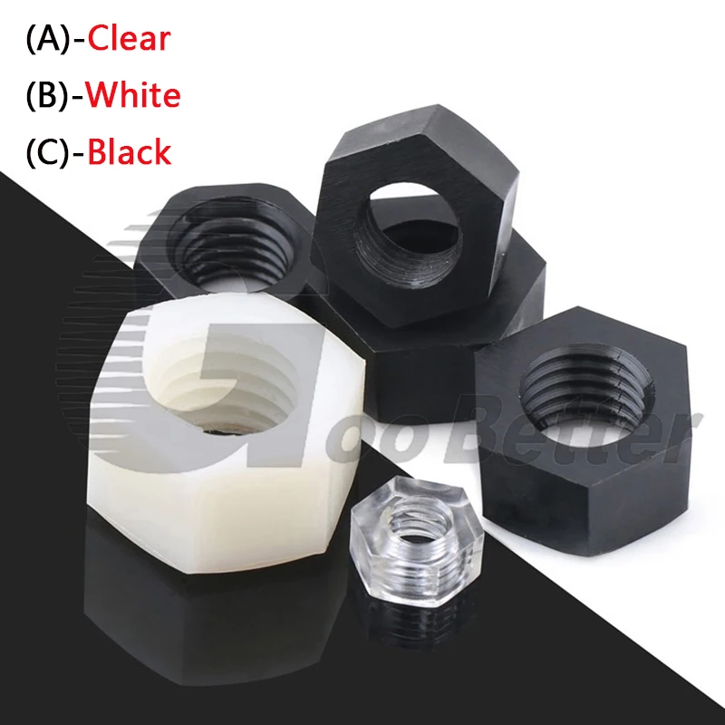 

Clear/White/Black PA66 Nylon Hex Hexagon Nuts M2 M2.5 M3 M4 M5 M6 M8 M10 M12 M14 M16 M18 M20