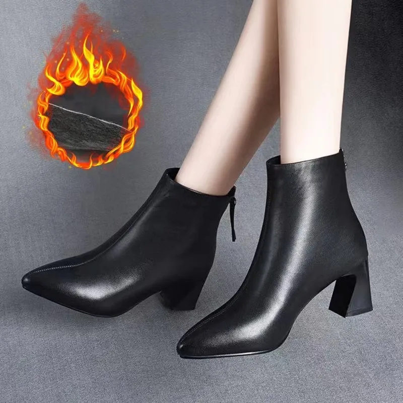 

Sexy Thick Heels Ankle Boots Women New Fashion High Heel Shoes Lady Pointde Toe Leather Motocycle Boots Female Back Zipper Pumps
