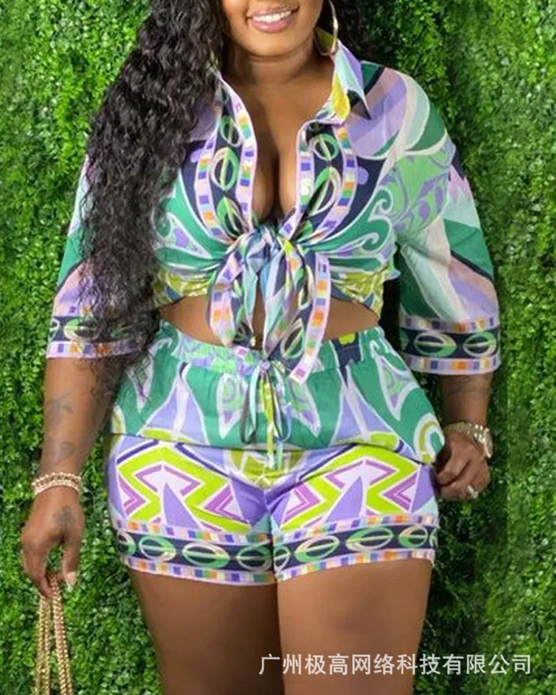 

All Over Print Buttoned Top & Shorts Set Women Casual Shirts High Waist Shorts Pants Summer Spring Clothes Suit