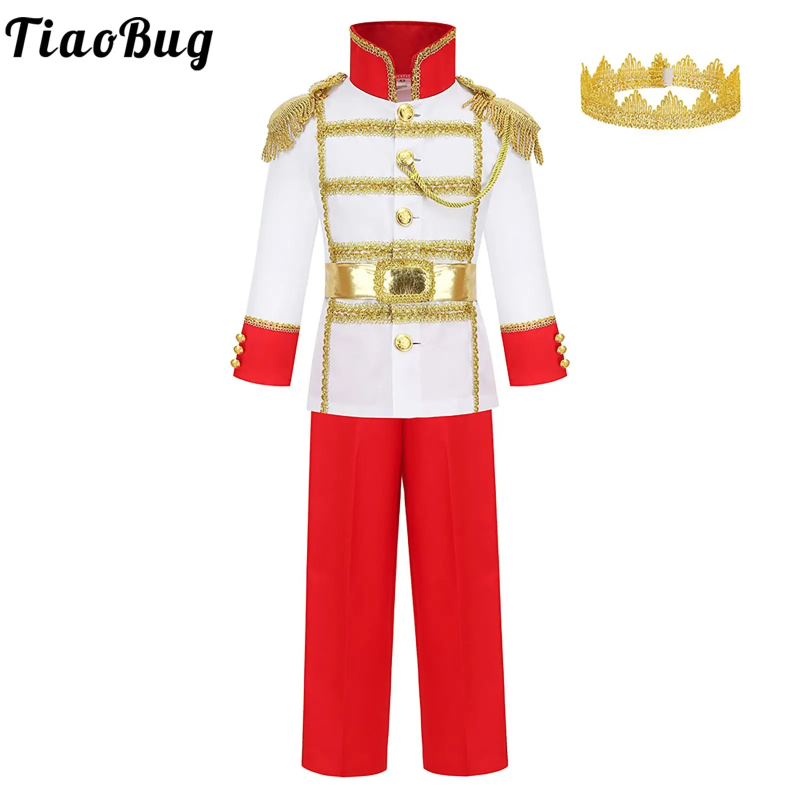 

Kids Boys Prince Costume Halloween Cosplay Jackets with Epaulets Long Pants Waist Belt and Crown Sets for Carnival Dress Up