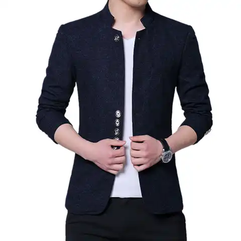 Мужской приталенный пиджак с воротником-стойкой, Повседневный шерстяной Блейзер большого размера в китайском стиле, 2022