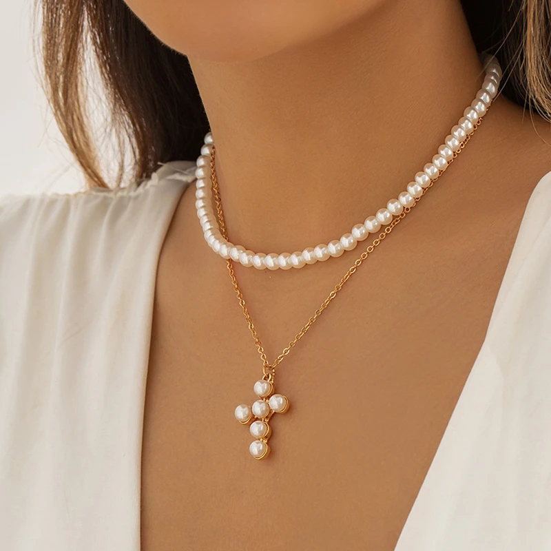 

Ailodo Imitation Pearl Cross Necklace For Women Elegant Party Wedding Necklace Collier Femme Fashion Jewelry Girls Gift 2022