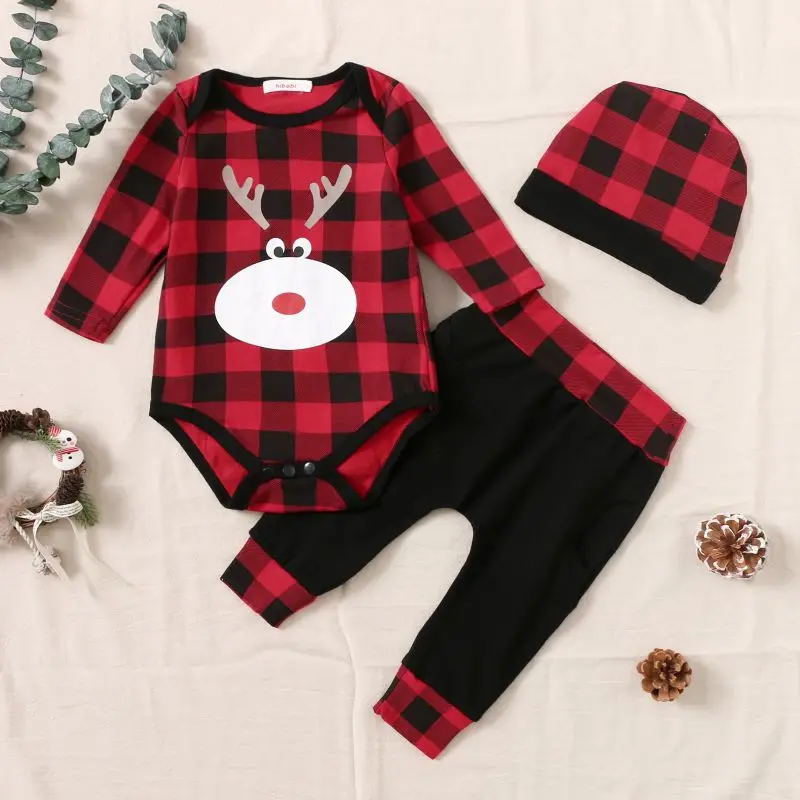 

Hibobi Baby Boy Christmas Red Grid Elk Pattern Romper & Pant & Hat