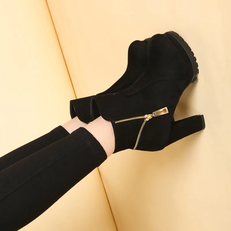 OL Fashion Boots Pumps For Women Office Shoes 2023 Thick Platform Flock Autumn Winter Warm Shoes Short Boots Female Ankle Boots