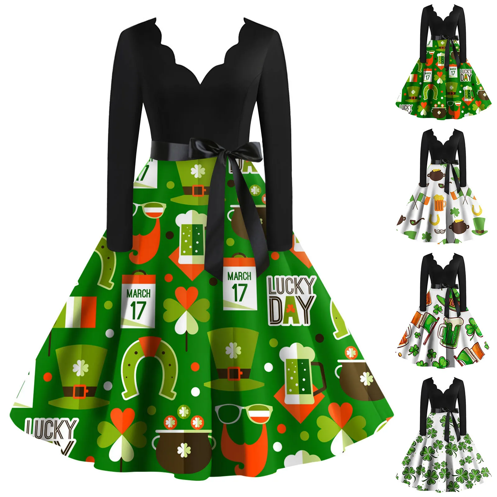 

Женская одежда с принтом клевера, V-образным вырезом и поясом