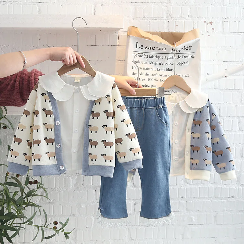 

2022 Spring Autumn 3PCS Suits for Baby Girls Clothing Set Cardigan Sweater Full Sleeve Shirt & Jeans Denim Pants Girls Clothes