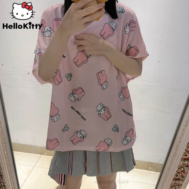 

Sanrio Clothes Cartoon Melody Women Quick Dry Summer T-shirt Short Sleeve Tops Y2k Mesh Thin Loose T-shirts Pink Aesthetic Tees