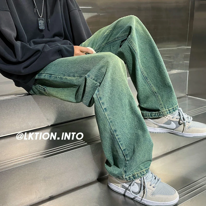 Blue Black Green Baggy Jeans Men Fashion Drawstring Wide Leg Jeans Mens Streetwear Hip Hop Loose Straight Denim Trousers Men