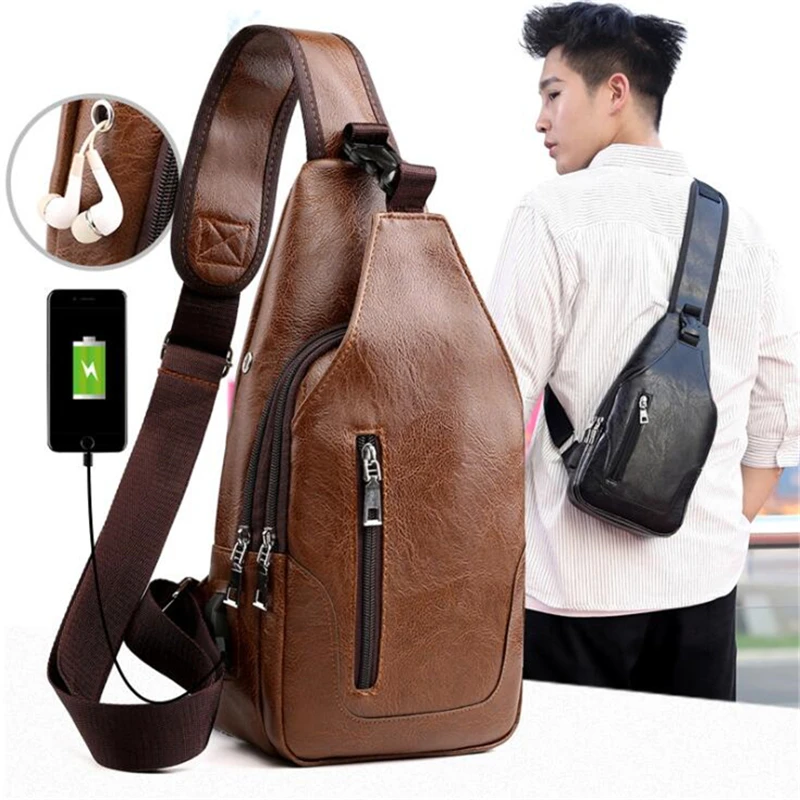 

Male Shoulder Bag USB Charging Crossbody Chest Bag For Men Anti Theft Chest Waist Pack Trip Messenger Bags Single Strap Back Bag