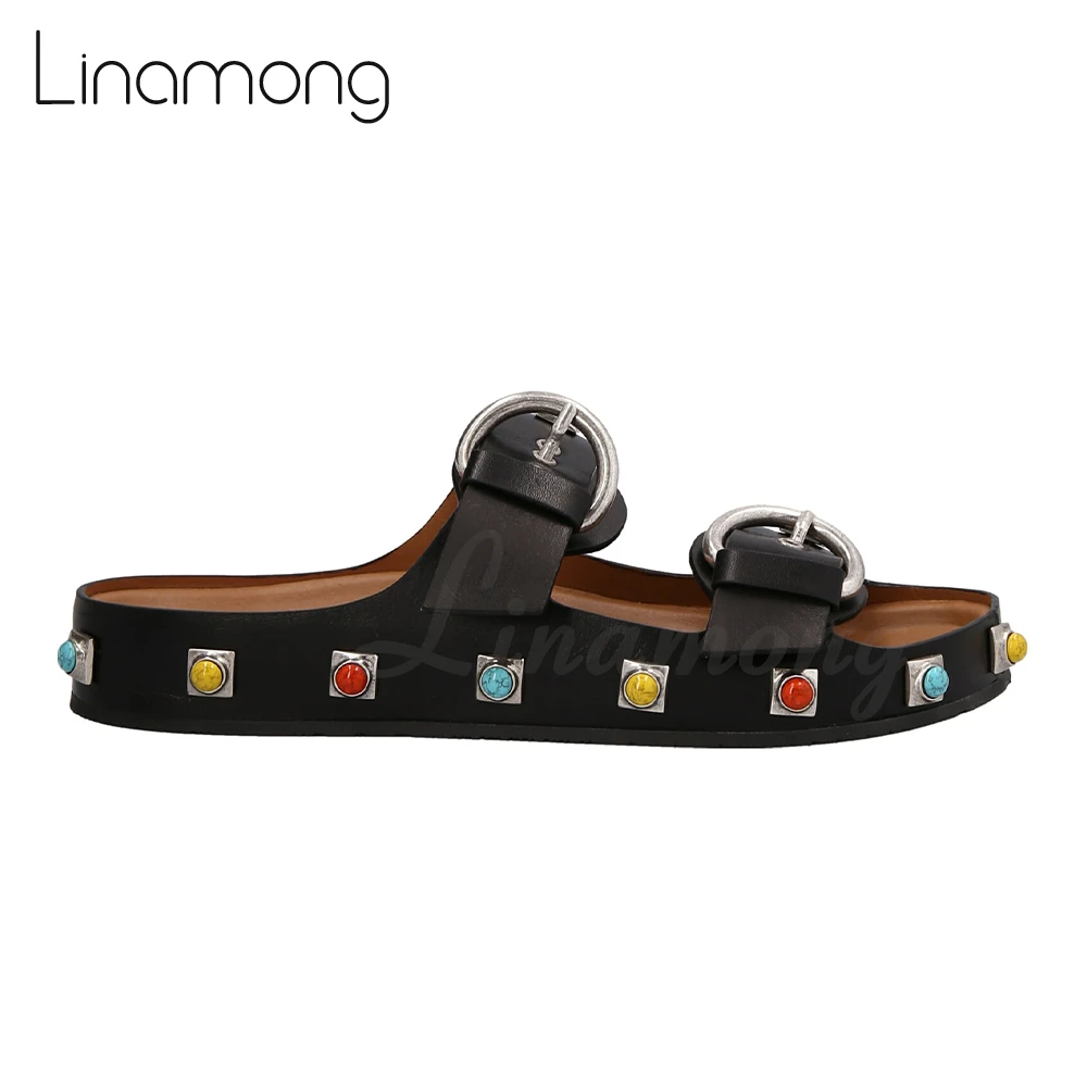 Colourful Stone Embellished Slippers Metal Gemstone Leather Strappy Sandals Adjustable Belt Buckle Rubber Sole Summer Shoes New