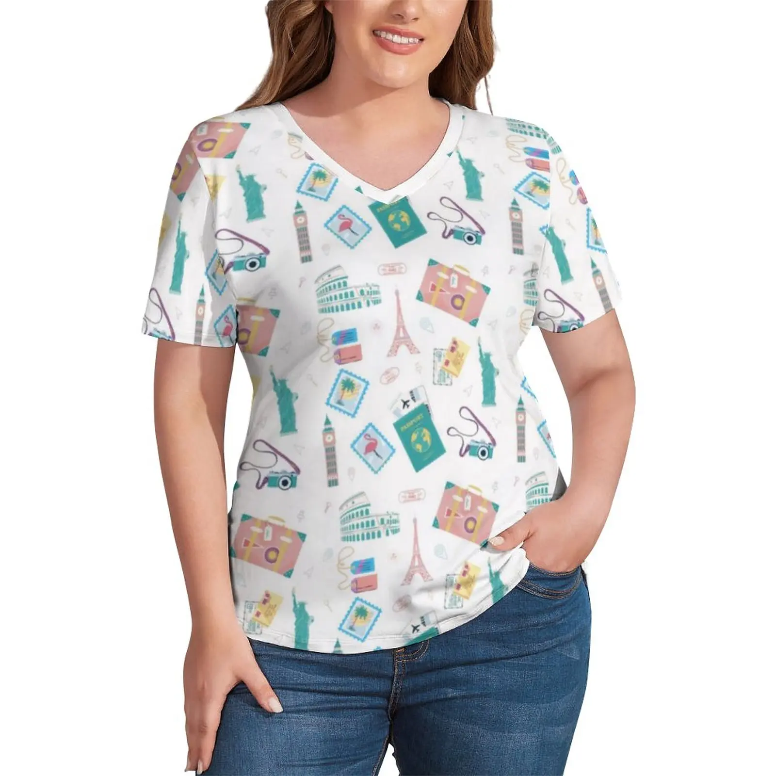 

Travel Vacation T Shirt Passport Holiday Suitcase Kawaii T Shirts V Neck Short Sleeve Graphic Tops Casual Top Tees Plus Size 4XL