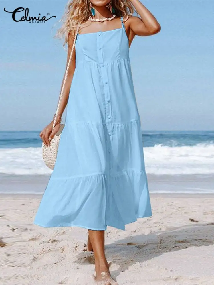 

Celmia Holiday Straps Beach Vesitdos Casual Sleeveless Buttons Multilayer Gathers Dress 2022 Summer A-line Women Midi Sundress