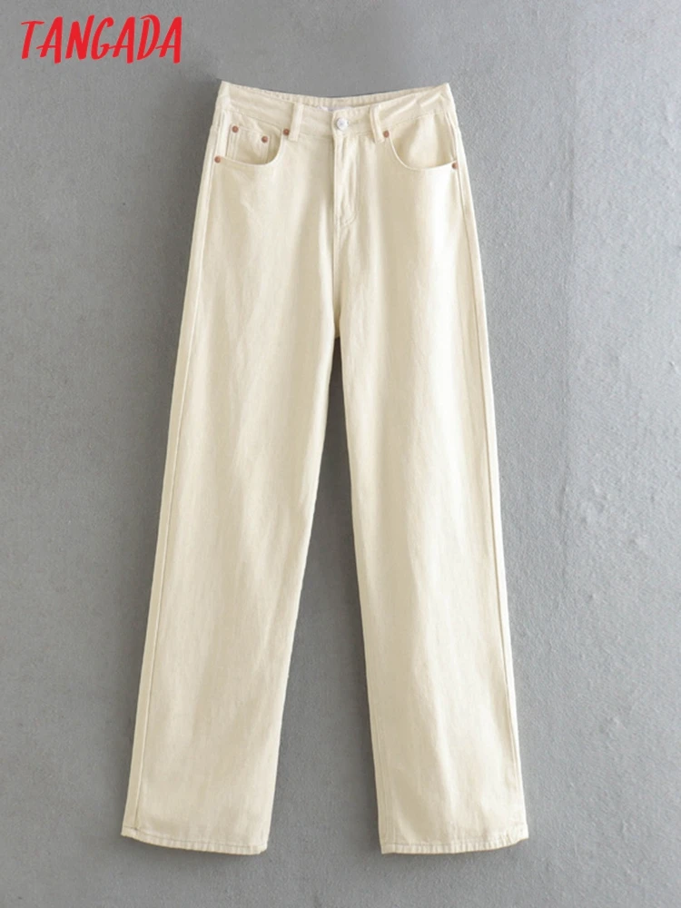 

Tangada 2022 new women beige denim loose jeans pants long trousers pockets buttons female pants JE03