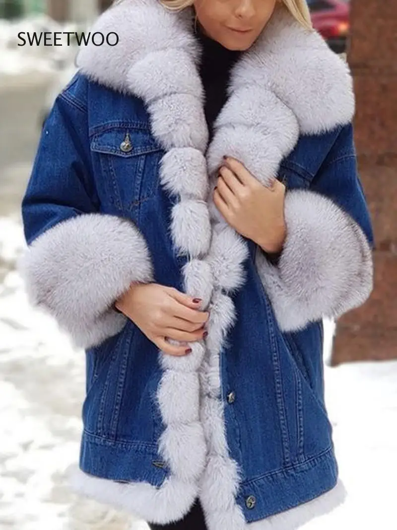 2022 Women Full Sleeve Warm Thick Denim Jacket Parker Coat Collar Single-breasted Ladies Fur Denim Long Long Sleeve Jacket