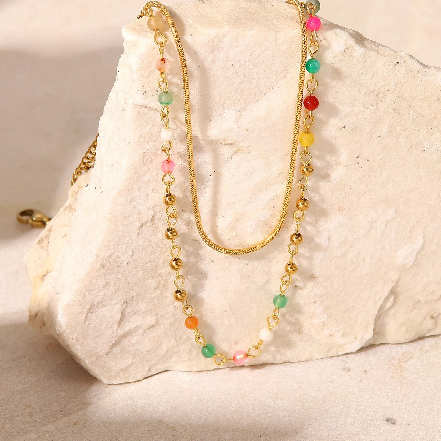 

Quality Collections Waterproof Stainless Steel Gold Plated Colorful Crystal Bead Snake Chain Necklaces For Women