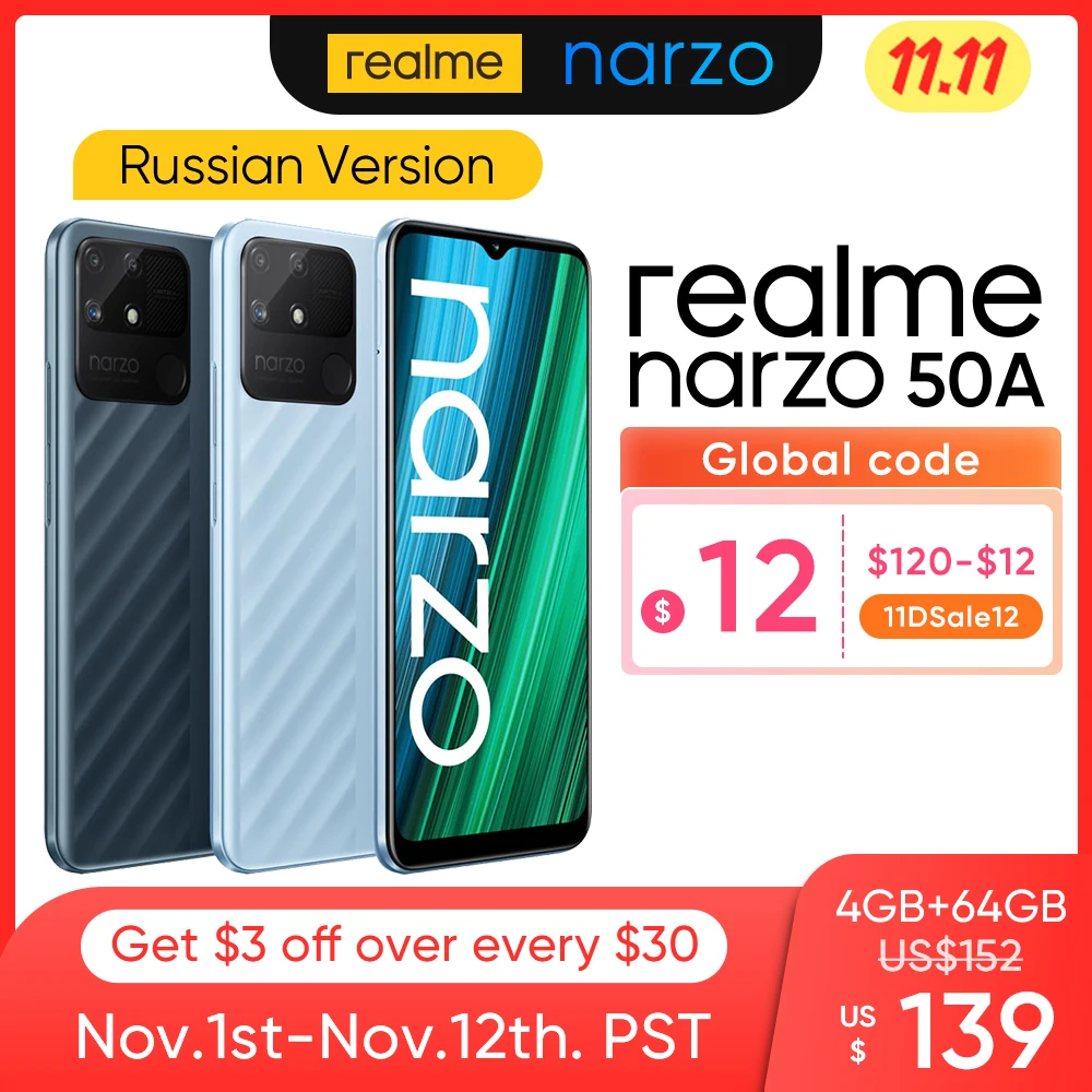 Ceny Realme Narzo 50a Telefon Komórkowy Helio G85 Procesor 6000 MAh Baterii 50MP AI Potrójne Kamery 6.5 Cal Ekran Wersja Rosyjska Smartfon