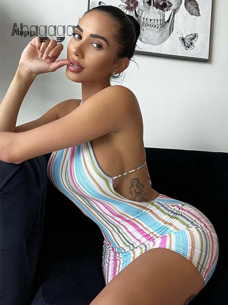 

AHAgaga Sexy Lace Up Dress Women Print Halter Casual Striped Skinny Slim Dresses Women Backless Streetwear Female Vestido Summer