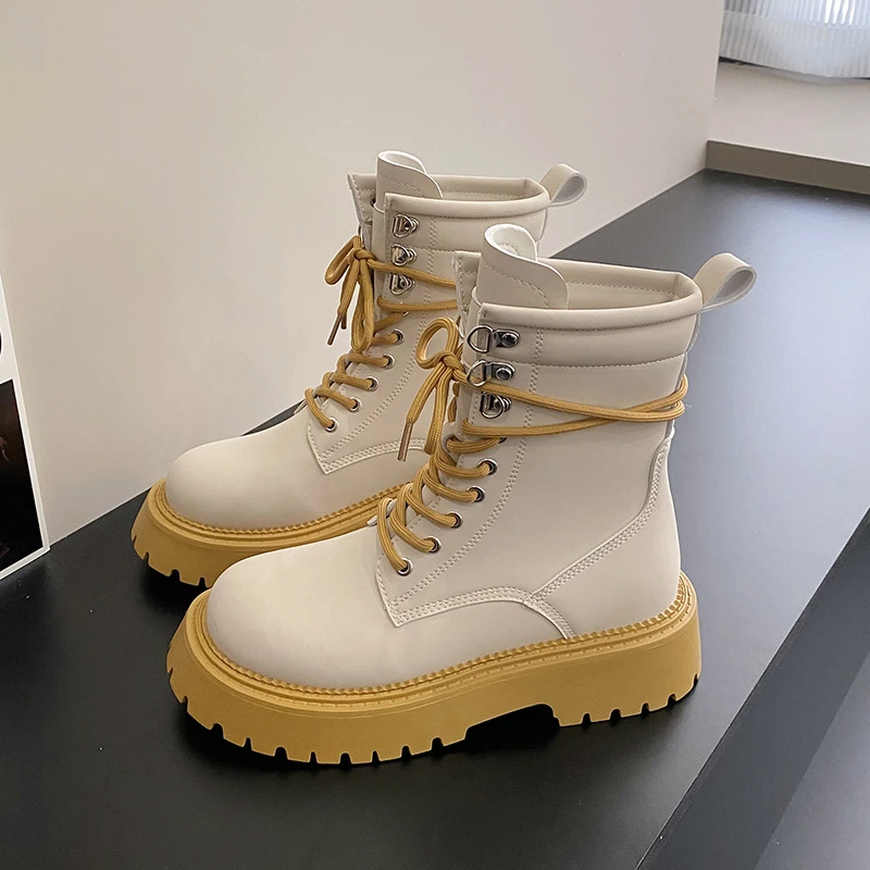 

New Platform Boots Woman Leather Ankle Boots Female Winter 2022 Lace Boots Square Heel Shoes Boots Large Size Shoes for Women
