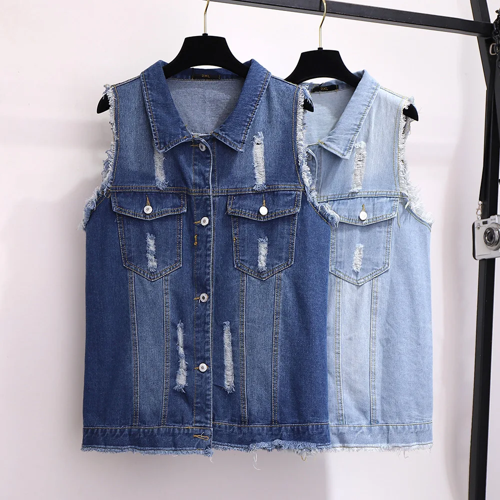

2023 Spring Autumn Denim Waistcoat Loose Sleeveless Burred Perforated Tank Tops Korean Oversized Womens Clothing Jeans Vest AC48