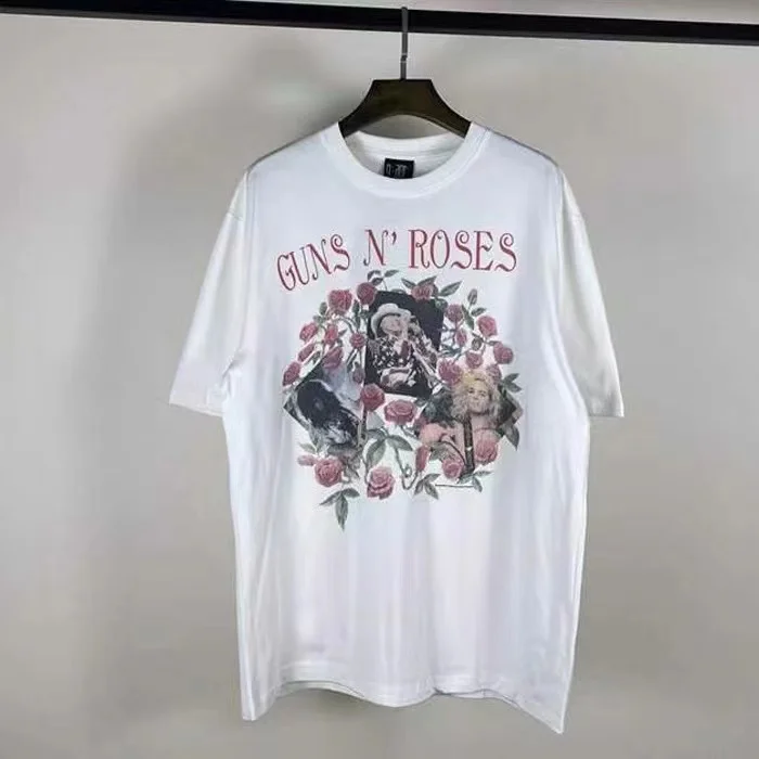 

White Gun Flower Vintage Distressed T-Shirt Men Women Cotton Crew Neck top Rose Print Pattern Oversized T shirts