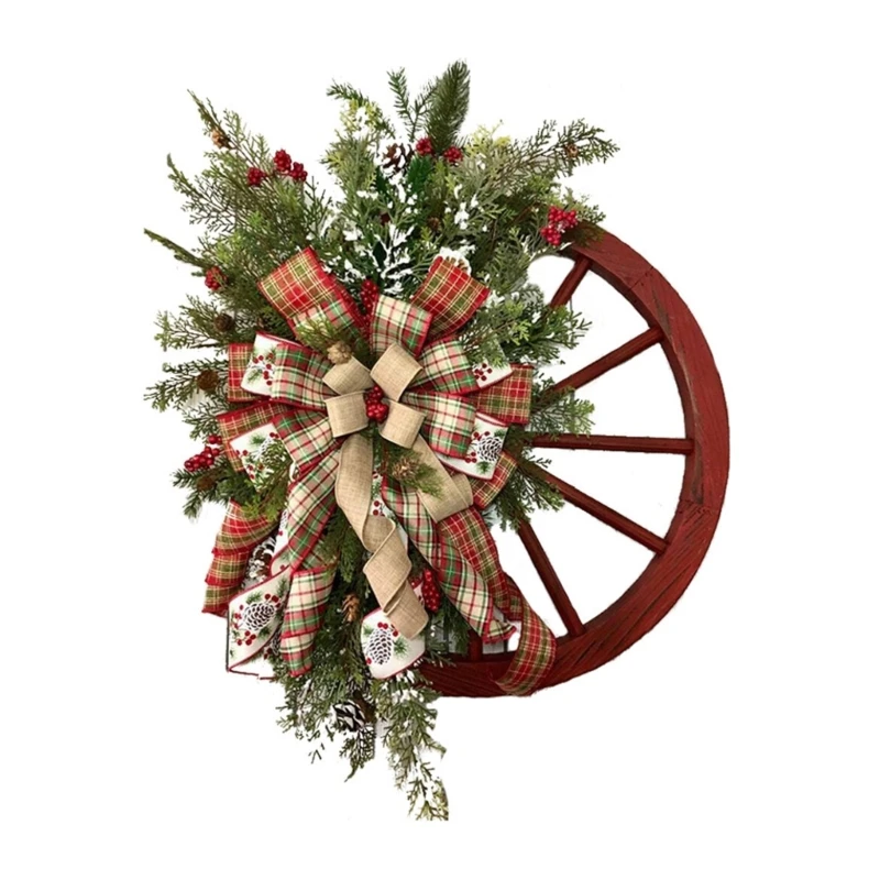 

Christmas Wooden Wagon Wheel Wreath Simulation Garland Hangable Ornament Supplies for Winter Themed Party Bar Door Decor