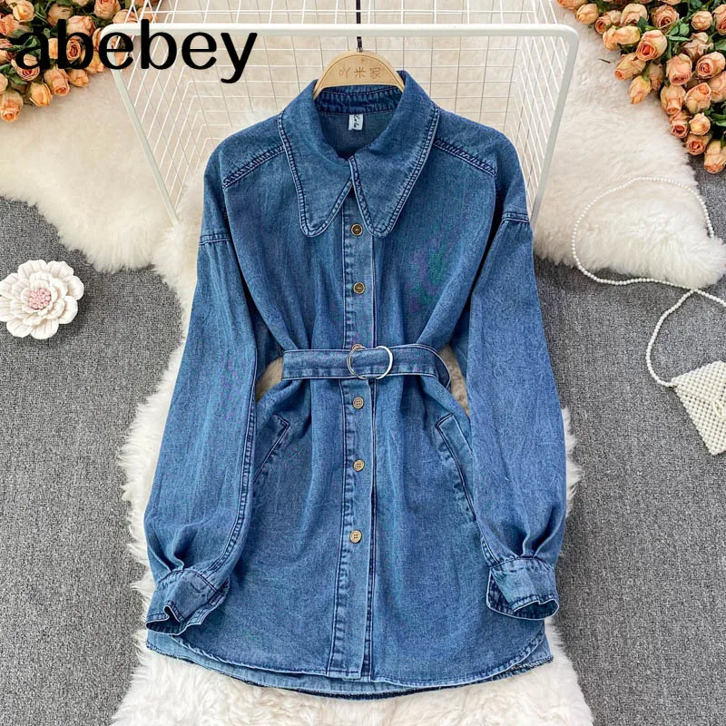 2022 New Spring Autumn Vintage turn down collar long sleeve Shirt single breasted high waist lace up mid-long Denim Shirt Top