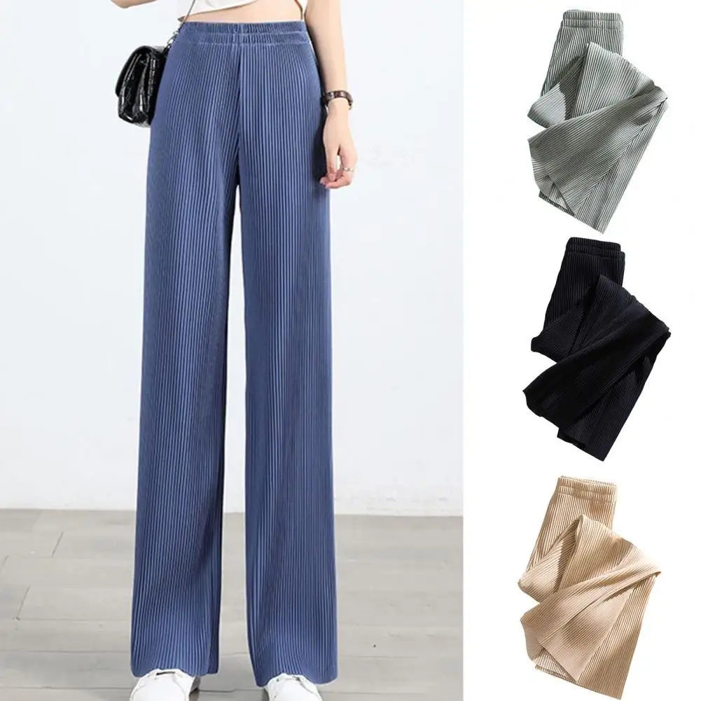 

Summer Casual High-Waist Wide Leg Pants Elastic Waistband Loose Straight Trousers Women Solid Color Ribbed Pants Beach Wear