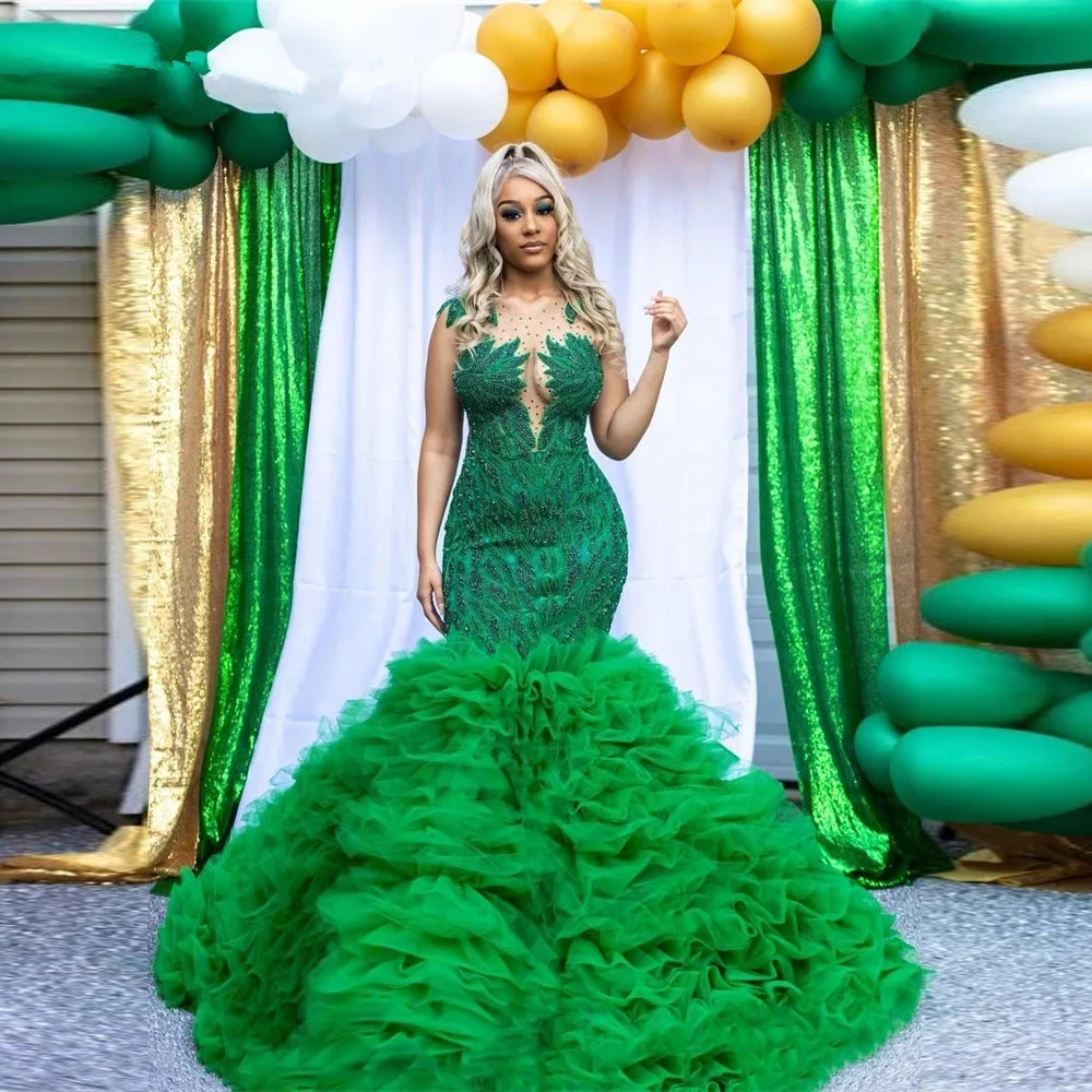 

Green Prom Dresses For African Women Applique Tiered Puffy Custom Made Long Mermaid Beaded Evening Party Gowns For Black Girls