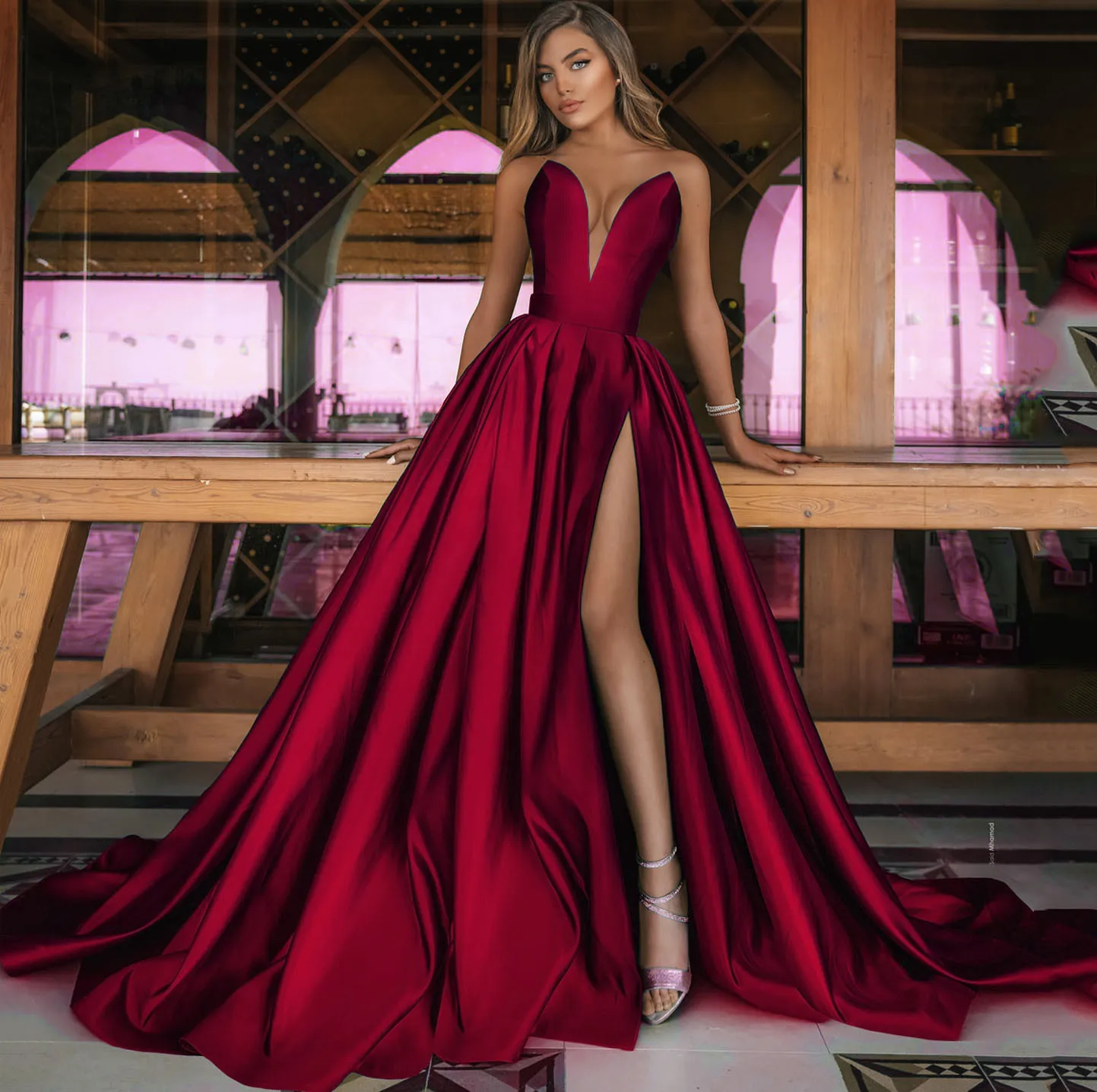 

INTELHAMSON Deep V Slit Dress Solid Color Swing Dress Wedding Dresses for Elegant A Line Party Gowns For Party long Skirts 2022
