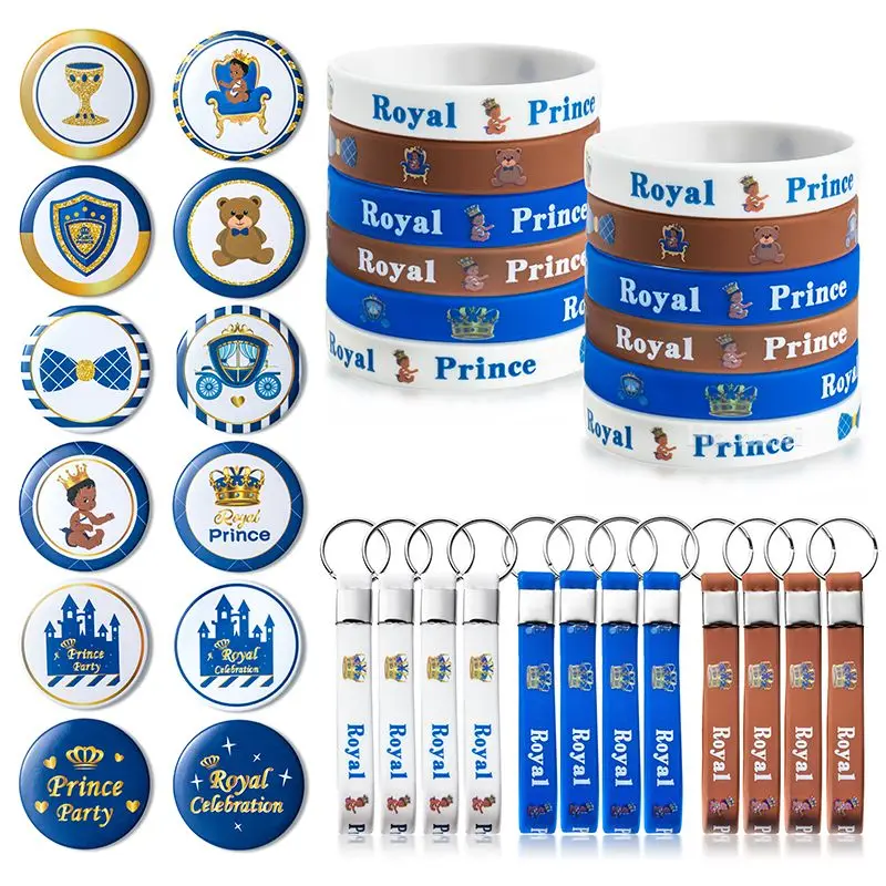 

36Pcs Royal Prince Party Favors Birthday Gift Blue Keychain Crown Badge Bracelet Silicone Baby Shower Teaching Reward for Kids