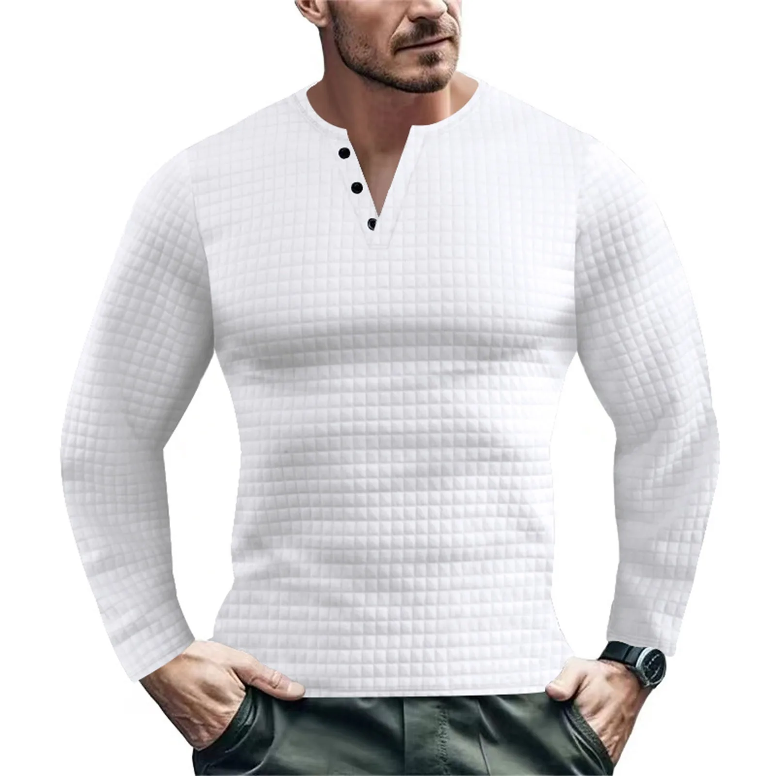 

Male Long Sleeve T Shirt Bottoming Shirt Solid Color Jacquard Button Korean Fashion Camisas De Hombre European American Style
