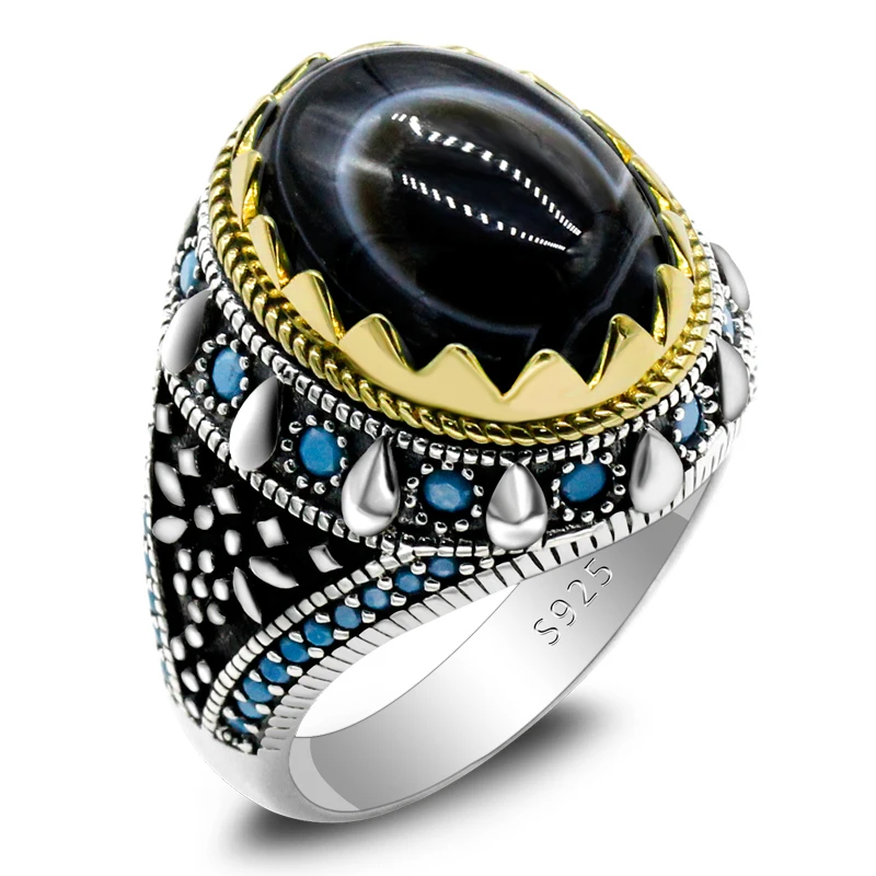 

Turkish Jewelry Men's Natural Eye Onyx Stone 925 Sterling Silver Ring with Stone Vintage Turquoise Punk Style Men's Ladies Rings