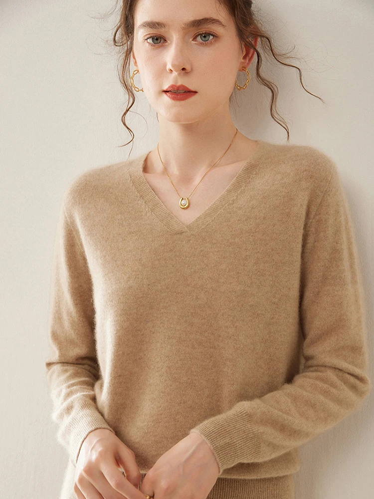 Осень-зима 2024 новый кашемировый свитер с v-образным вырезом женский тонкий