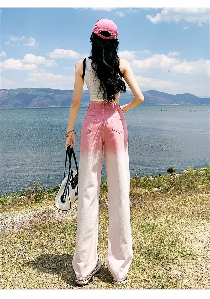 Women Hole Jeans Fashion Gradien Pocket Pink Jeans Full-Length Denim Pants High Elasticity Sweet Casual Pant Korean Fashion