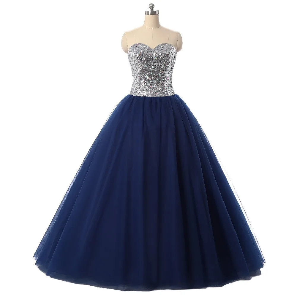 

Navy Blue Quinceanera Dresses Ball Gown Sweetheart Tulle Sequins Crystals Mexican Sweet 16 Dresses 15 Anos