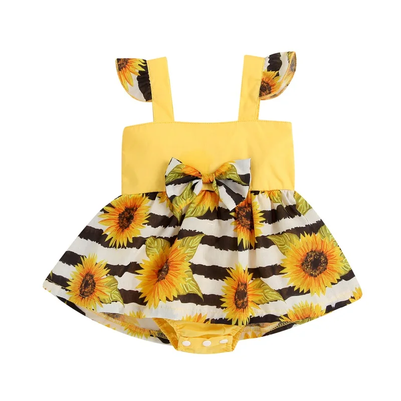 

Newborn Baby Girl’s Ruffle Suspender Romper 0-24 Month Flower Skirt Hem Square Collar Bow Triangle Jumpsuits Bodysuits Summer