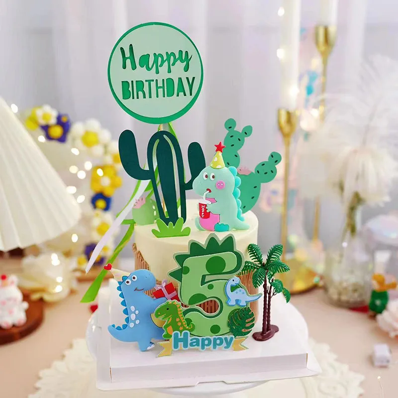 

Green Dinosaur Boy 0-9 Happy Birthday Cake Decoration Children's Boy Cake Veneer for Dinosaur Party Decoration